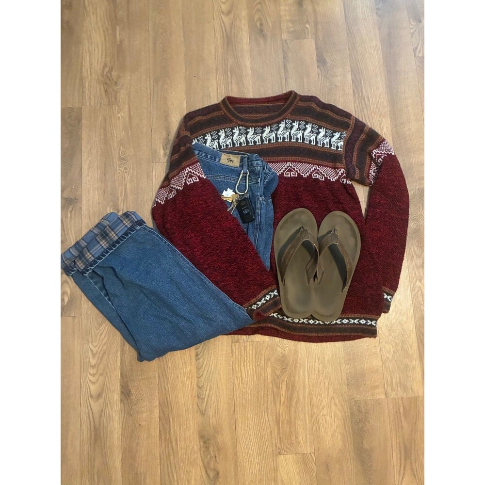 Vintage Alpaca Wool Sweater Llama Fair Isle Knit Pullover Burgundy Maroon Men L